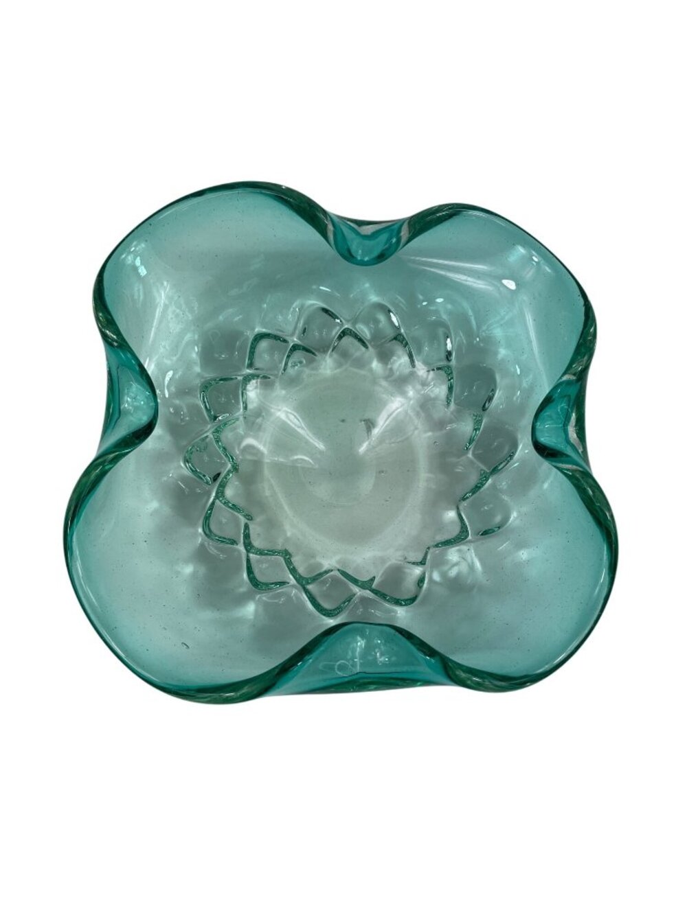 Vintage Hand Blown Turquoise Glass Bowl w/ Ruffled Edge & Textured Floral Design - Picture 4 of 10